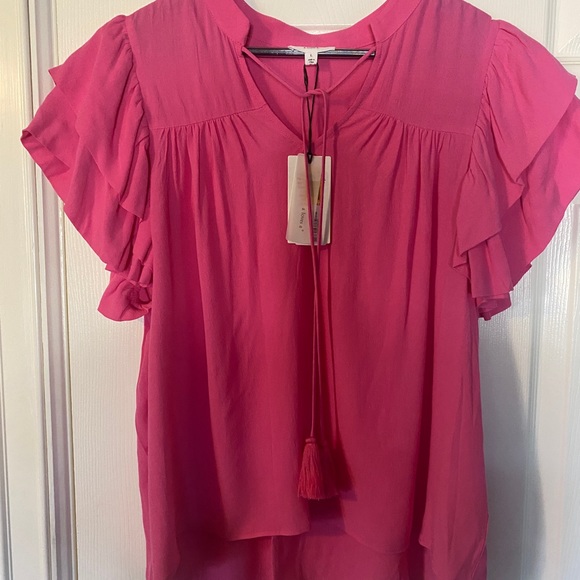 A Loves A Women Pink Tasseled Ruffle Layered Short Sleeve V-Neck Top Blouse L - Picture 7 of 15